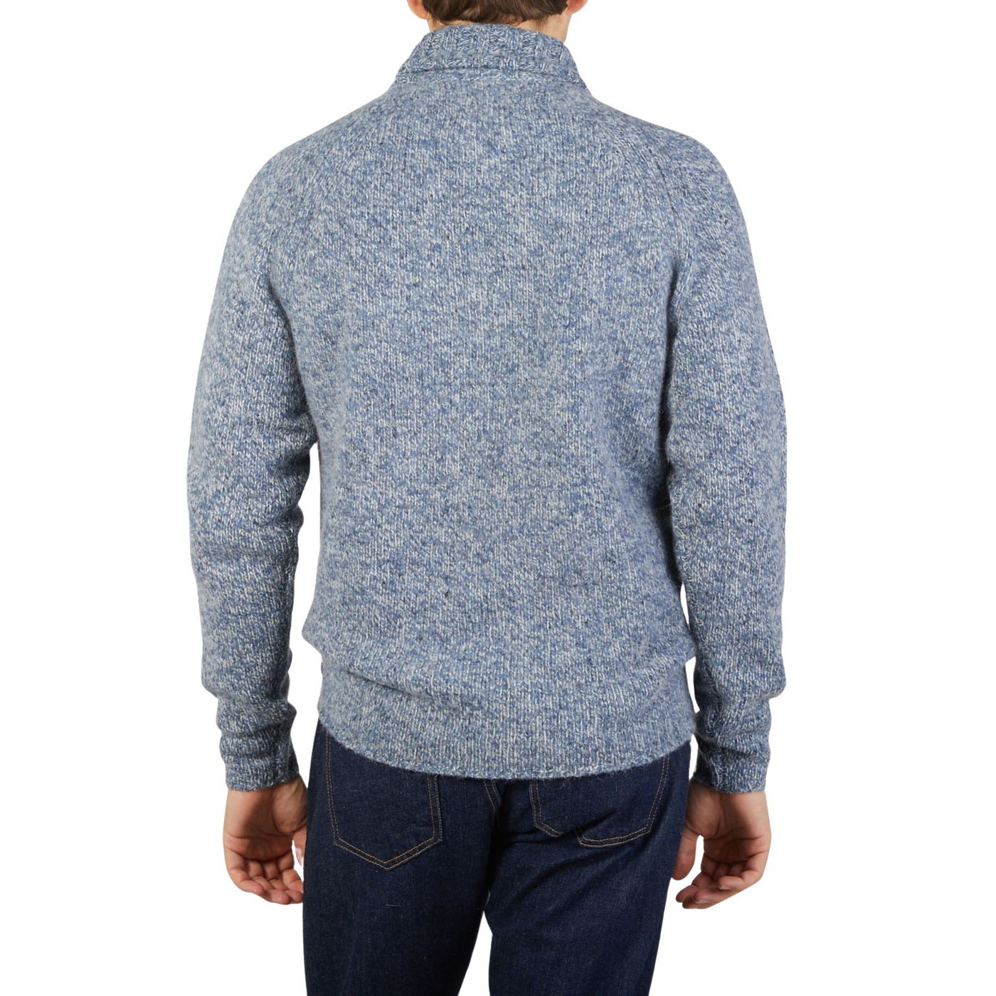The back view of a man wearing an Alan Paine regular fit, Blue Spreckle Wool Alpaca Tweed Roll Neck sweater.