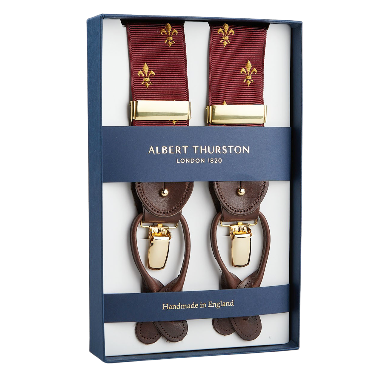 Albert Thurston classic Bordeaux with Gold French Lily 35 mm braces with gold-tone hardware and brown leather accents, displayed in an open box labeled "Handmade in England.