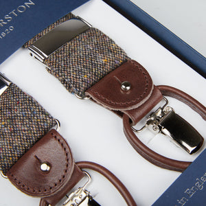 A pair of handmade Albert Thurston Brown Donegal Tweed 35mm Braces in a box.
