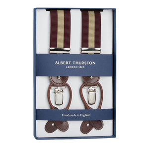 A pair of handmade brown and Burgundy-Beige Striped Nylon 35mm Braces by the British brand Albert Thurston, packaged in a box.