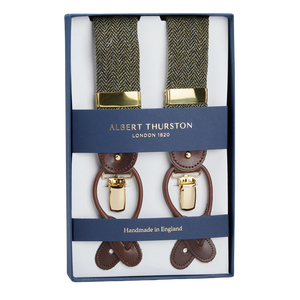 A pair of handmade Albert Thurston Green Herringbone Wool Tweed 35mm Braces in a box.