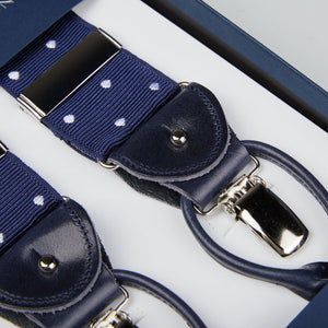 A pair of Albert Thurston Navy Blue Cotton White Dots 40mm Braces in a box.