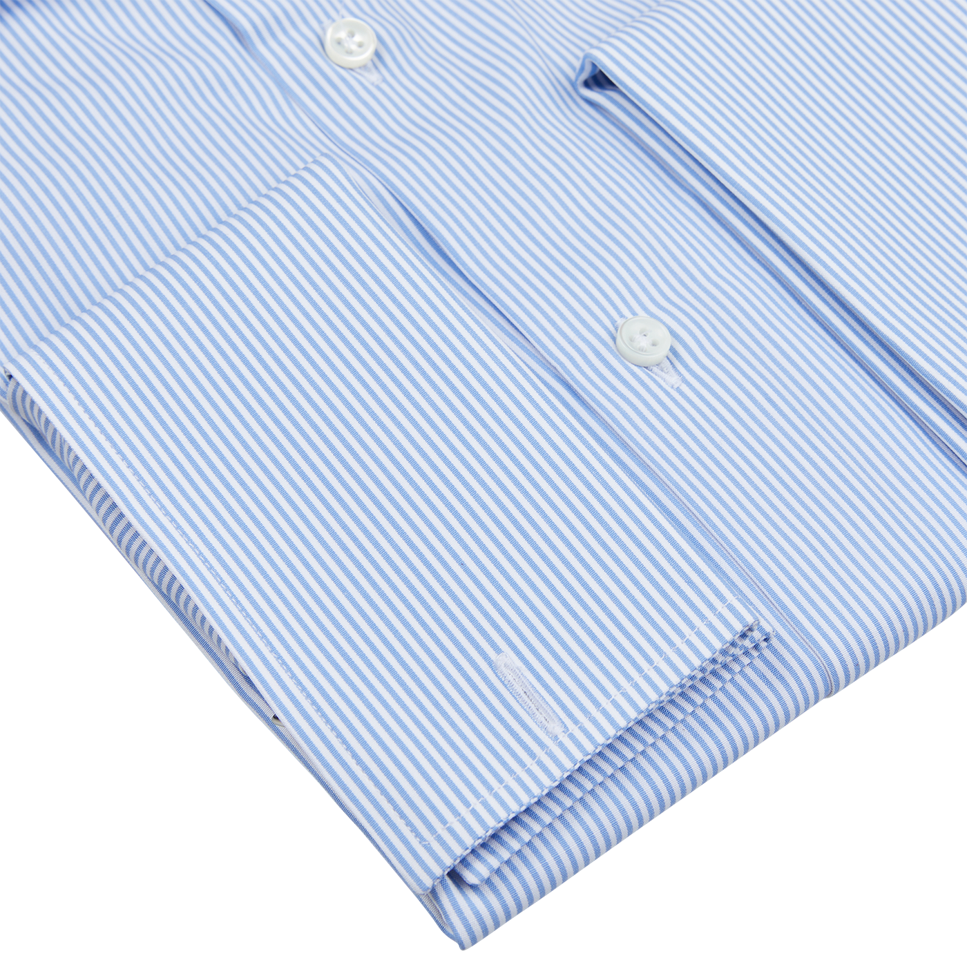 A fitted cut Alexander Kraft Monte Carlo Blue White Bengal Stripe Cotton Double Cuff Shirt.