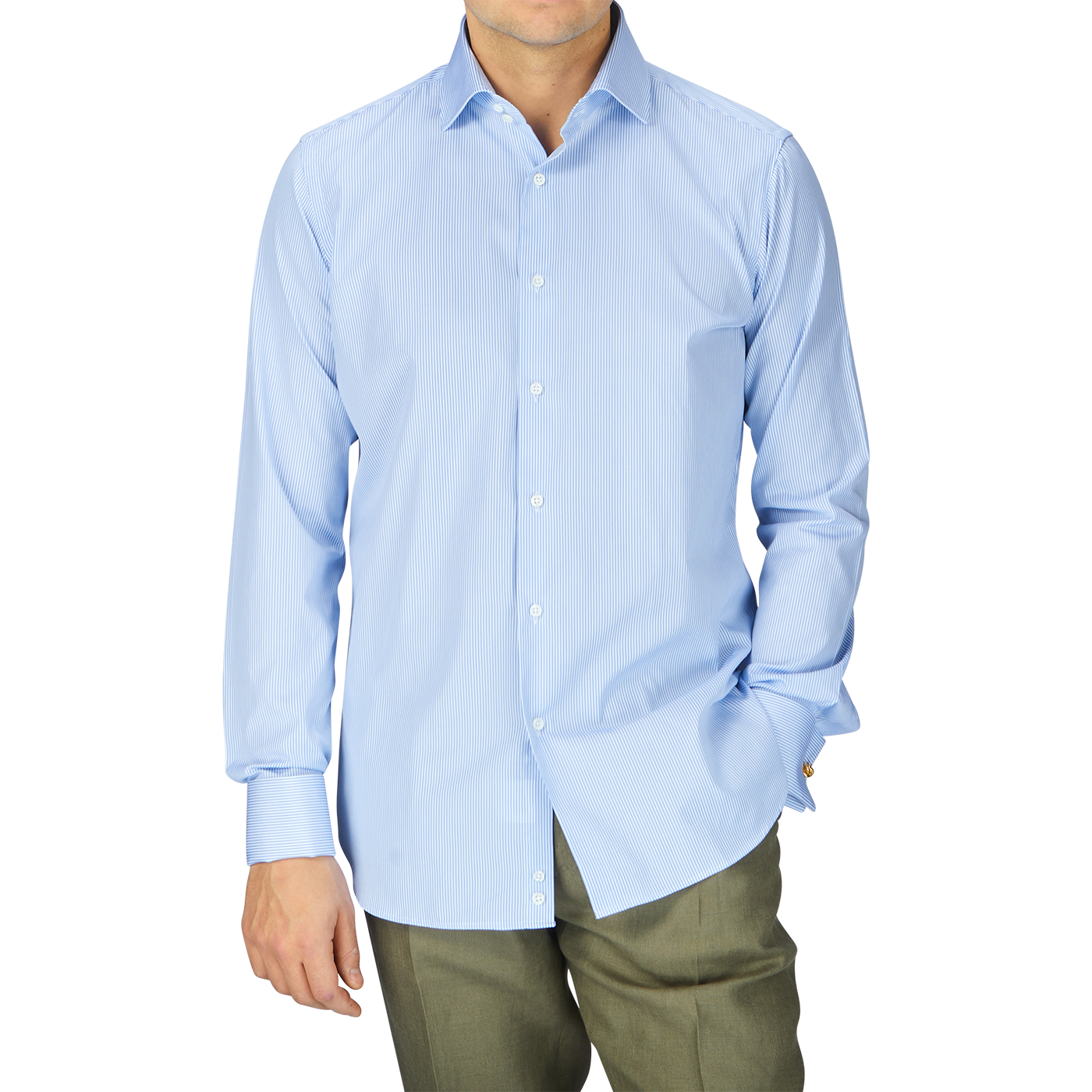 A man wearing a fitted cut, Alexander Kraft Monte Carlo Blue White Bengal Stripe Cotton Double Cuff Shirt and green pants.