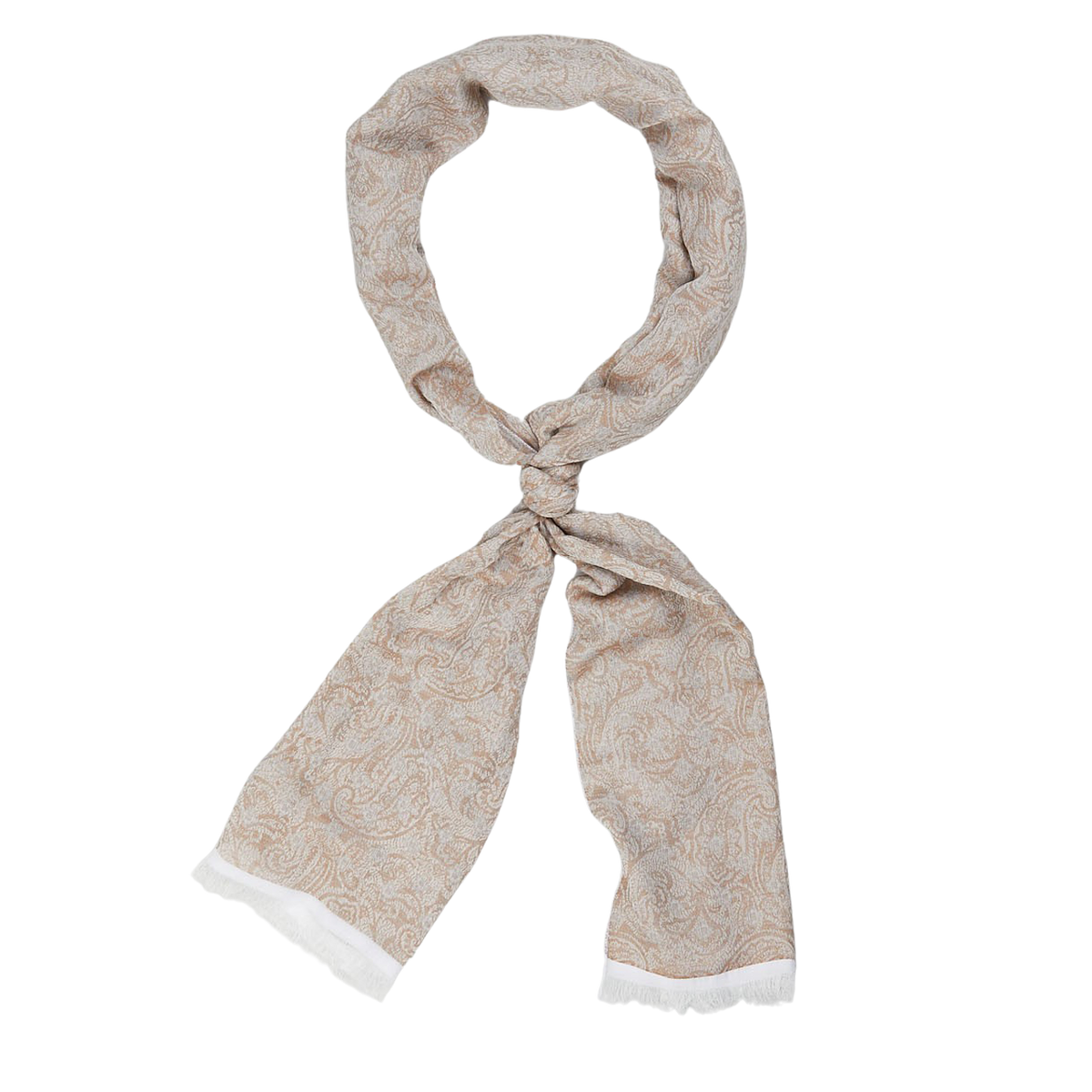 Beige Grey Woven Paisley Cotton Scarf by Amanda Christensen with a knot tied at the center displayed on a white background.