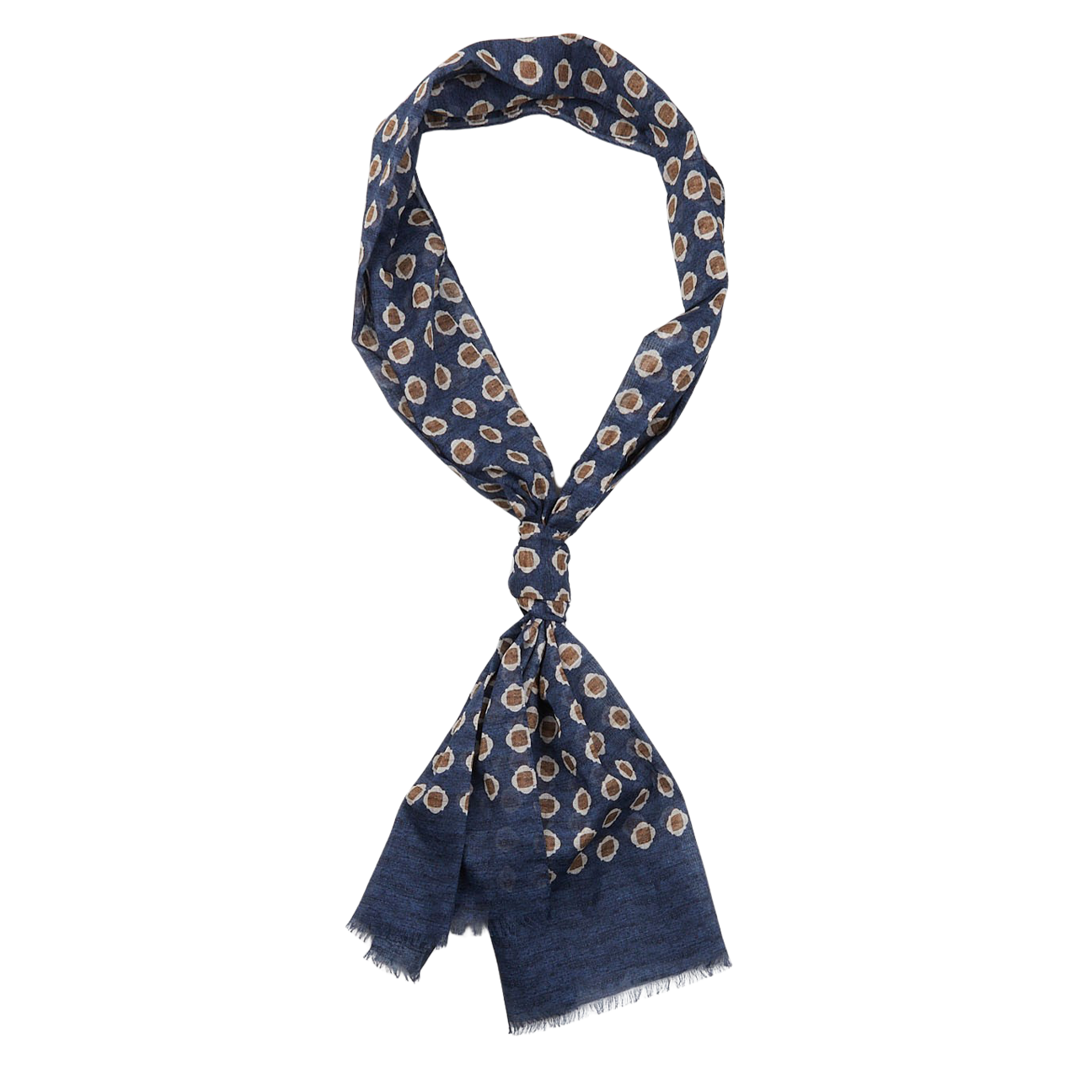 Dark Blue Geometrical Printed Cotton Scarf by Amanda Christensen with an abstract dot pattern, made in Italy, casually tied on a white background.