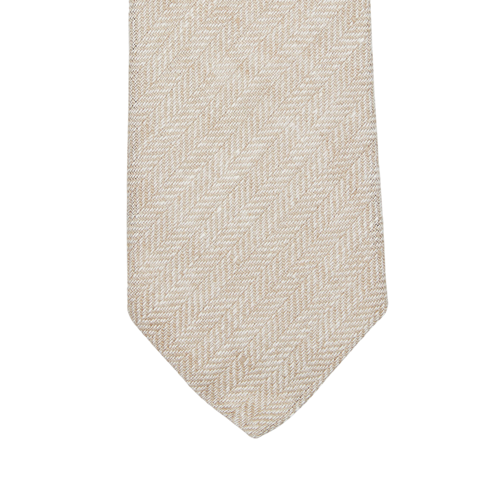 An Amanda Christensen Light Beige Herringbone Linen Lined Tie on a white background.