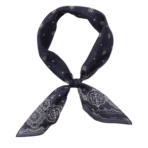 Navy Blue Medallion Printed Cotton Bandana, by Amanda Christensen, tied in a knot.