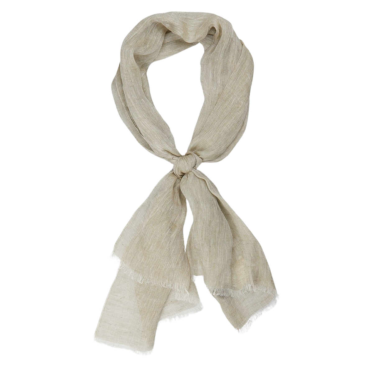 A Olive Melange Linen Gauze Scarf by Amanda Christensen, light beige scarf tied in a knot against a white background.