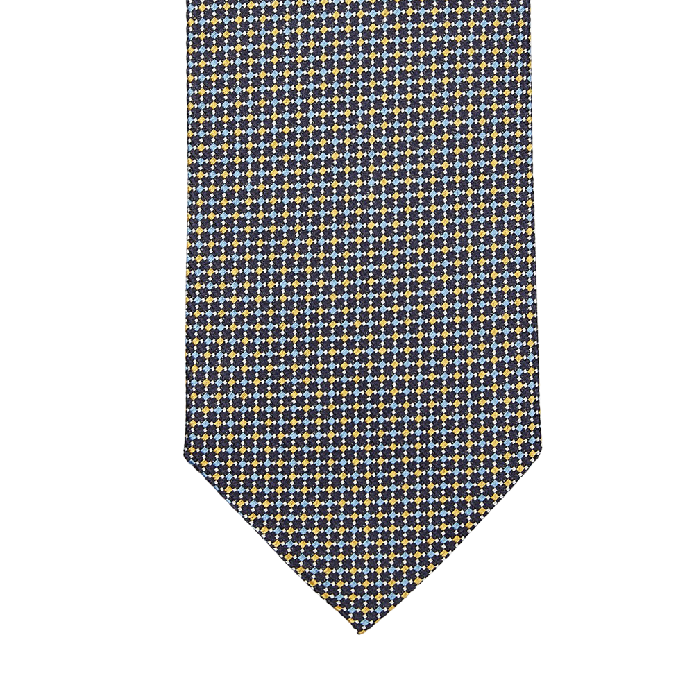An Amanda Christensen Dark Blue Yellow Dot Silk Lined Tie with dark blue and yellow squares on a white background.