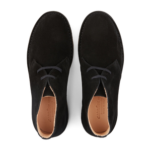 A pair of Astorflex Black Suede Greenflex Desert Boots men's dress shoes with laces, viewed from above.