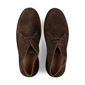 A pair of dark chestnut, vegetable-tanned suede Astorflex Driftflex unlined boots with laces, viewed from above.
