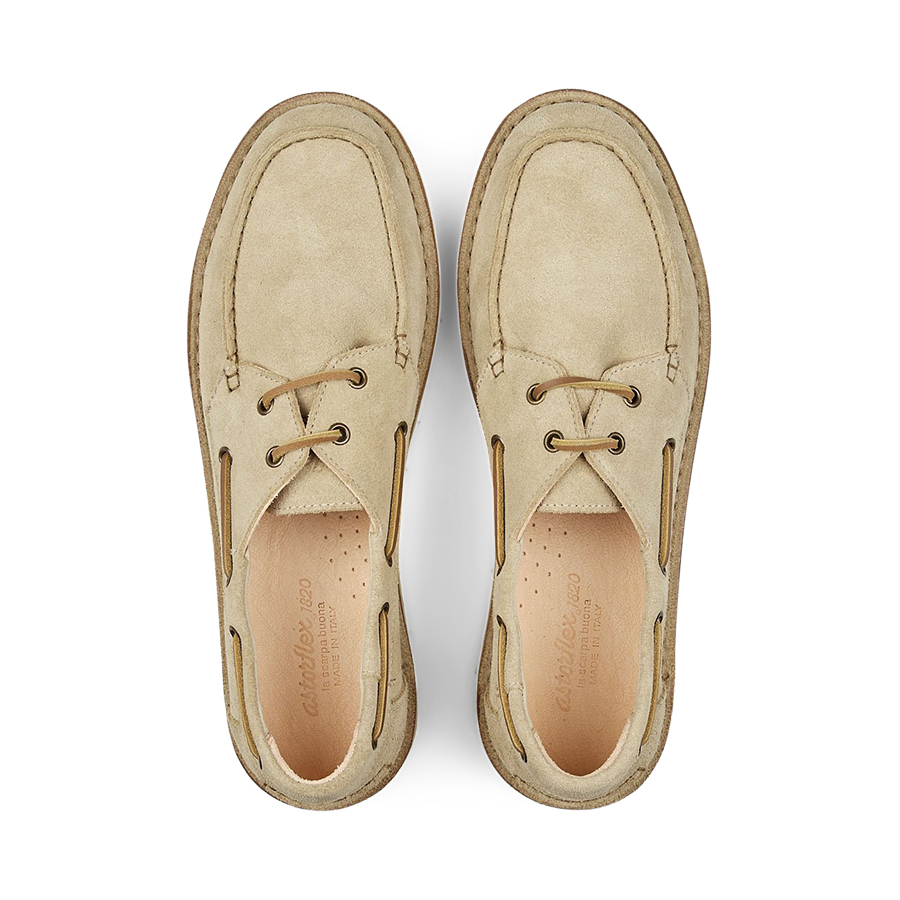 A pair of Ecru Beige Astorflex suede leather desert boots displayed from a top view.