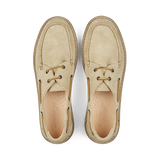 A pair of Ecru Beige Astorflex suede leather desert boots displayed from a top view.