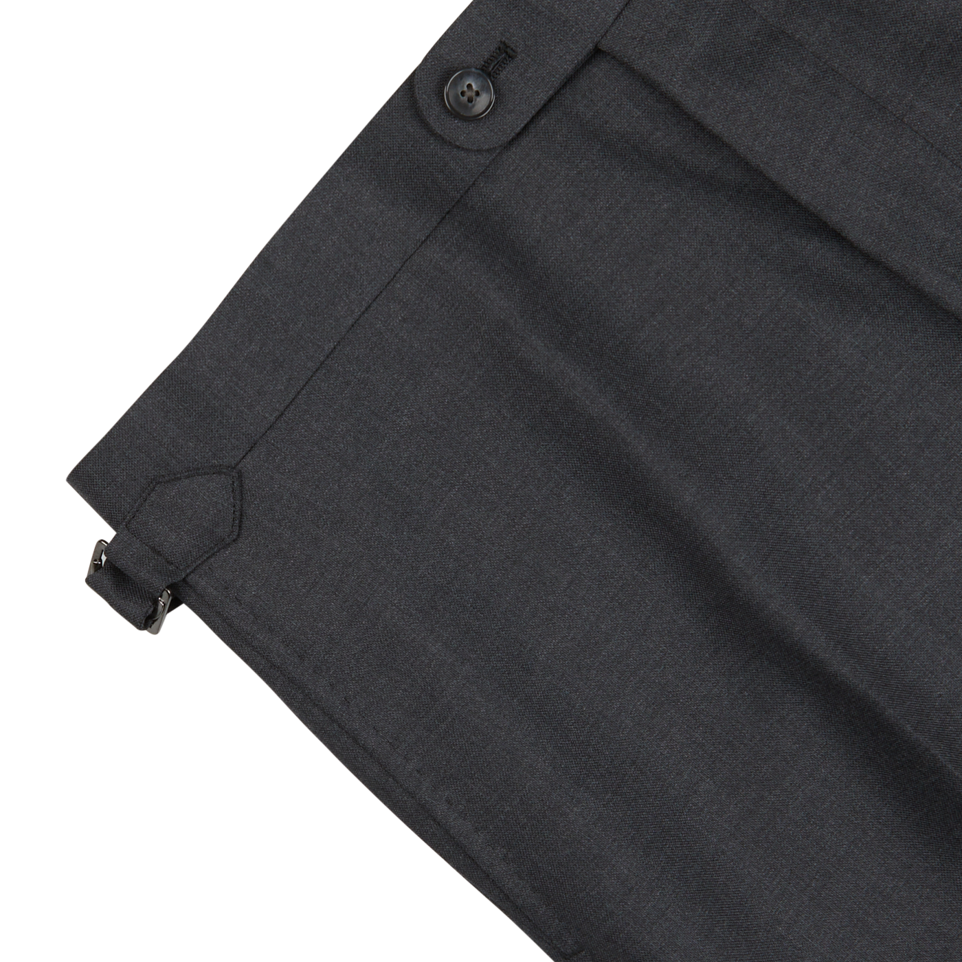 Close-up of Baltzar Sartorial Grey Super 100's Wool Flat Front Suit Trousers with a detailed view of the waistband, featuring a button closure and an adjustable side tab.