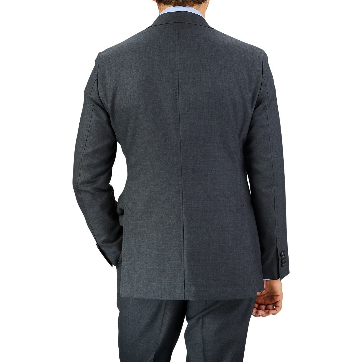 Rear view of a man wearing a tailored Baltzar Sartorial Grey Super 100's Wool Suit Jacket and pants, standing against a plain light grey background.