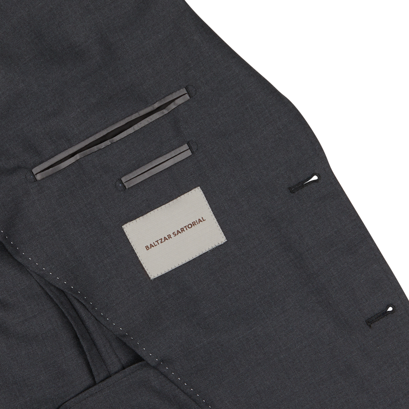 A close up of a Grey Super 100's Wool Suit Jacket from Baltzar Sartorial.