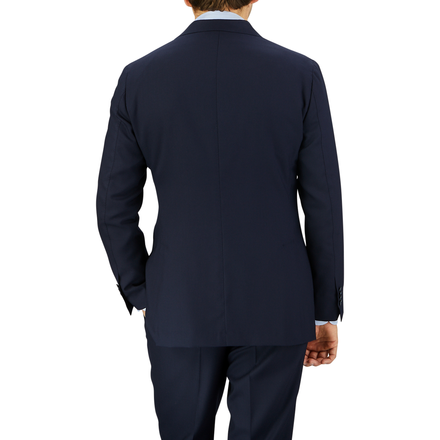 A man viewed from behind, wearing a well-fitted Navy Blue Super 100s Wool DB Suit Jacket by Baltzar Sartorial, standing against a striped, translucent background.