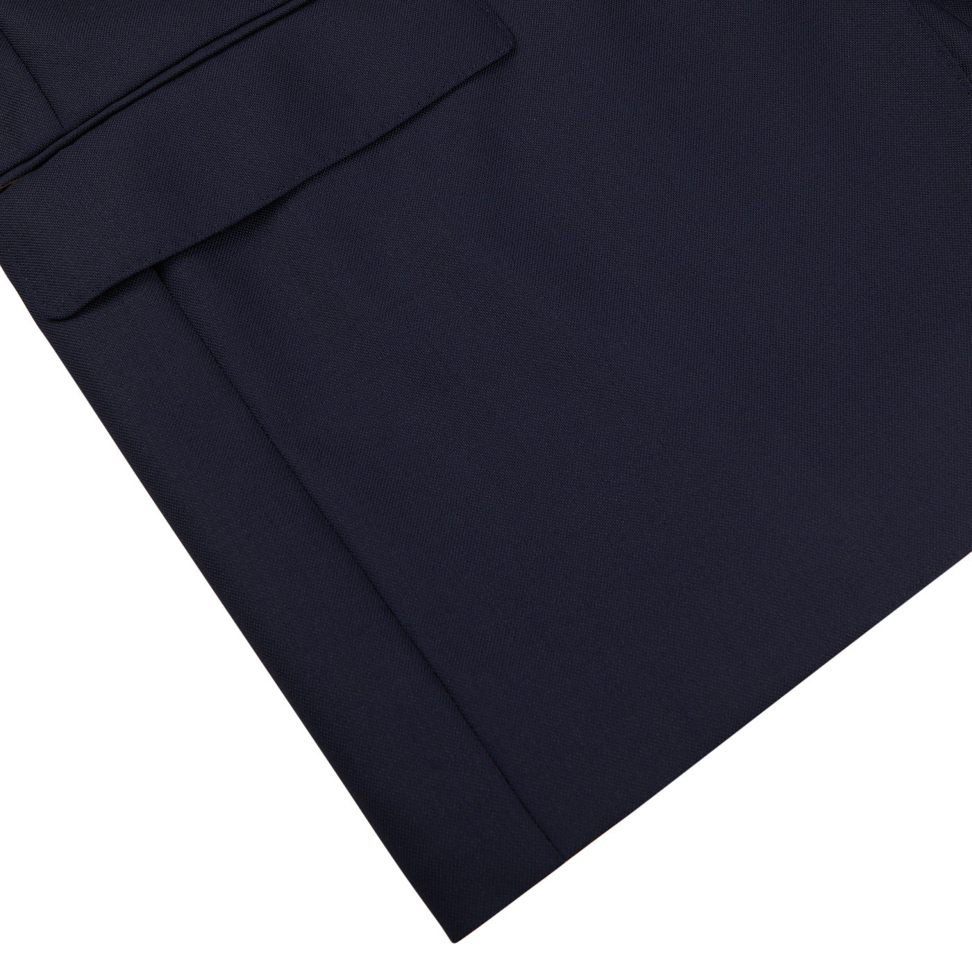 Close-up of a Baltzar Sartorial navy Super 100's wool suit jacket, with a visible folded pocket detail on a white background.