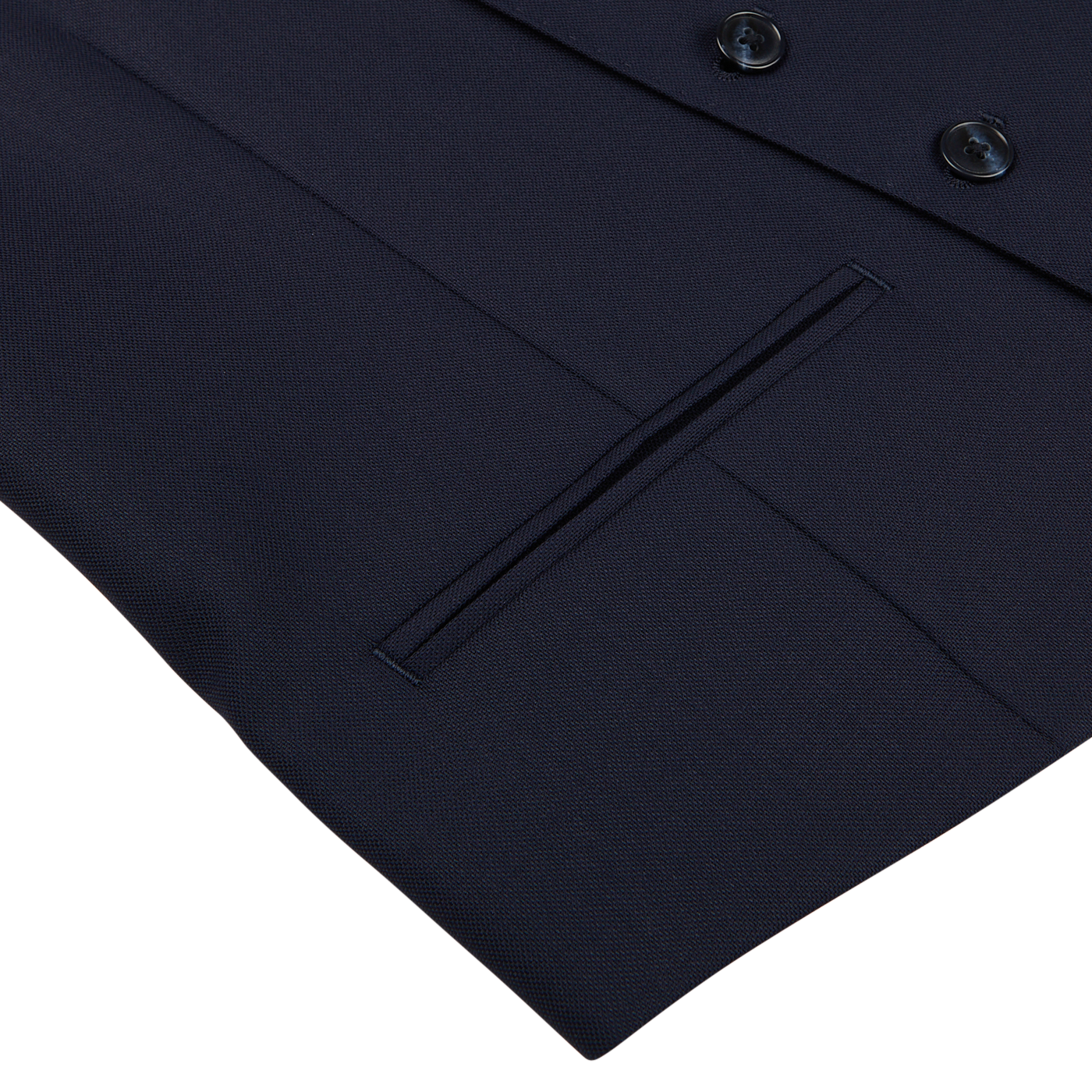 Close-up of a Baltzar Sartorial Navy Super 100s Wool DB Waistcoat showing detailed stitching, buttons, and a pocket on a white background.