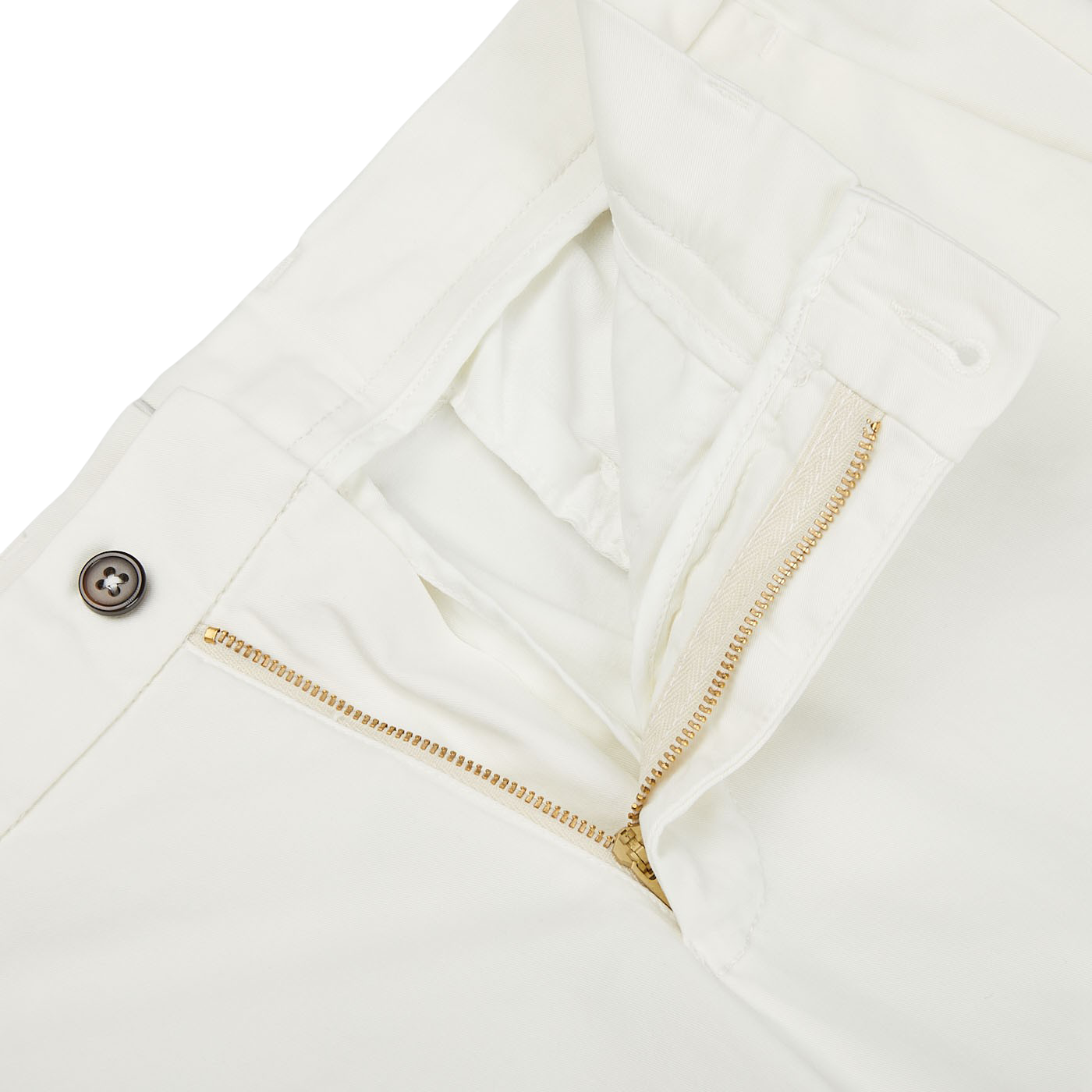 A pair of Berwich Cream White Cotton Stretch Chinos, made with cotton-lyocell fabric, featuring a zipper on the side.