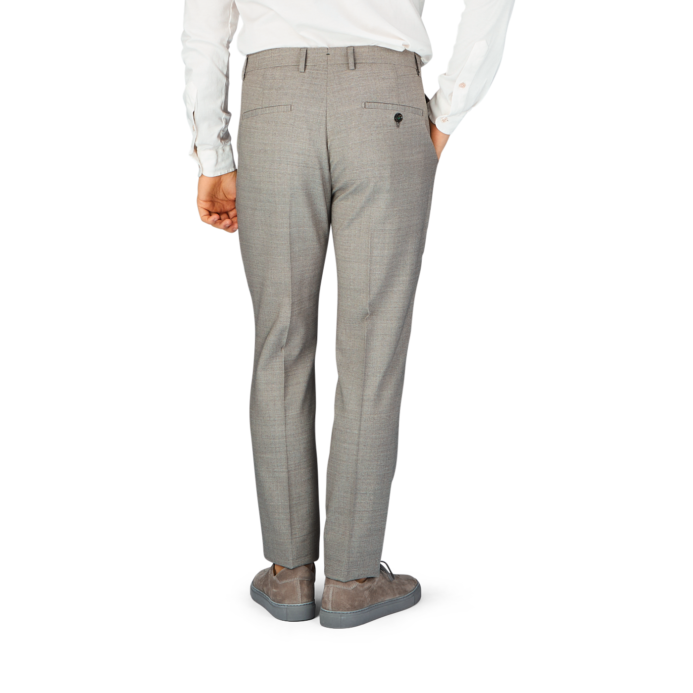 The back view of a man wearing Berwich's Grey Beige Wool Fresco Flat Front Trousers suit.
