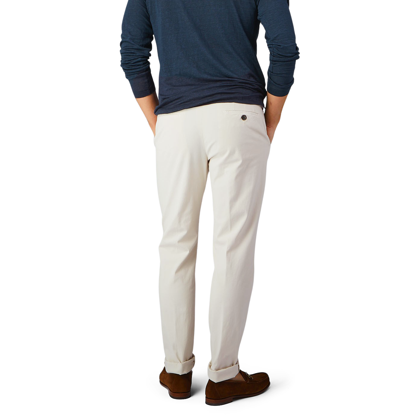 The man is wearing Light Beige Cotton Stretch Chinos by Berwich and a blue shirt.