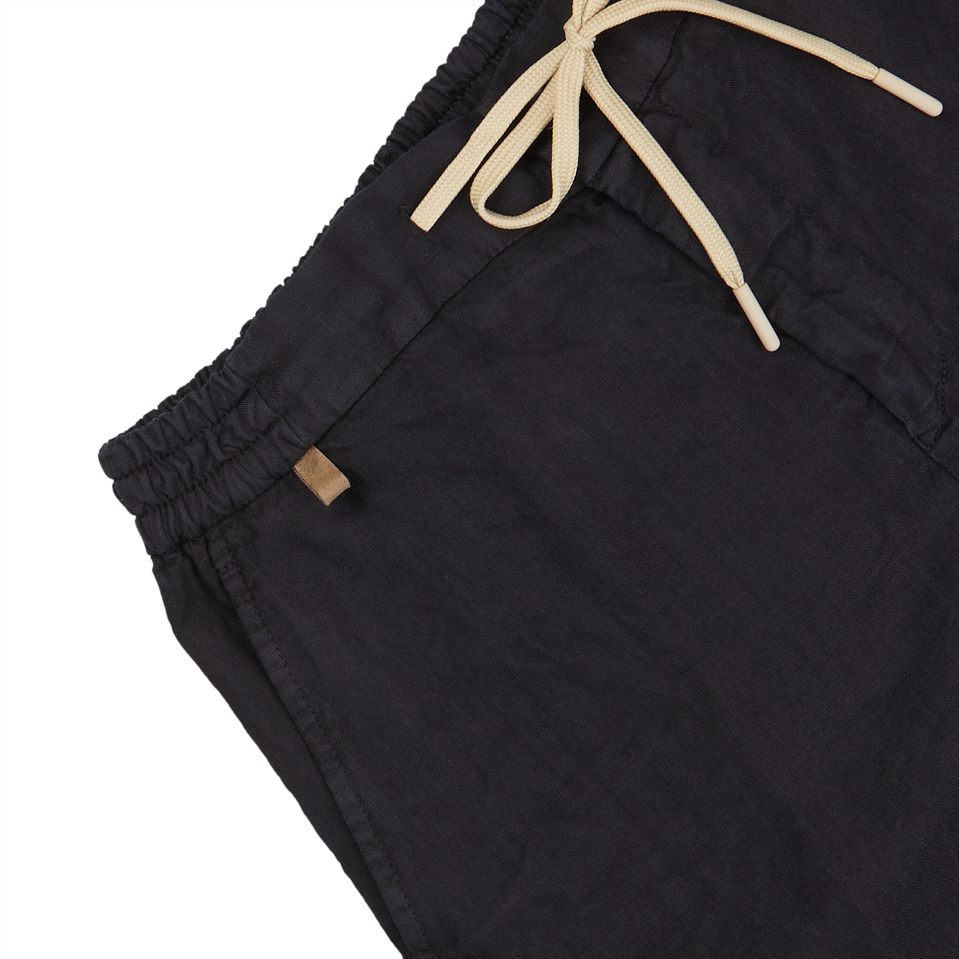 Close-up of Berwich Navy Blue Washed Linen Drawstring Shorts with elastic waistband on a white background.