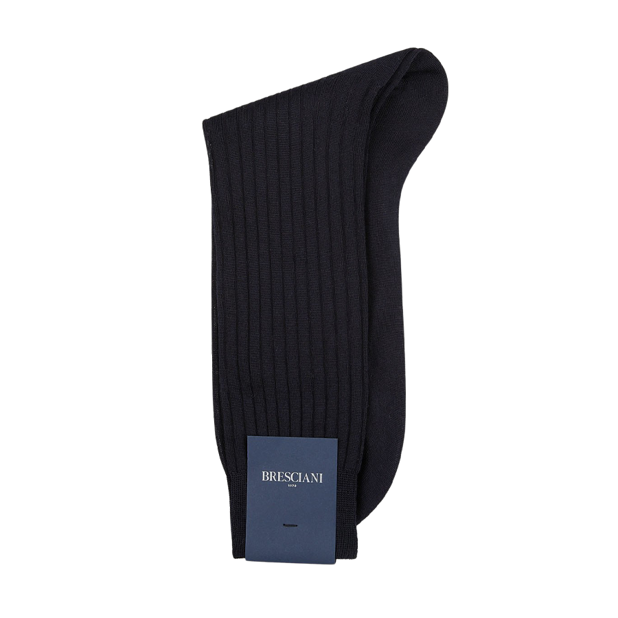 A pair of ankle-length Navy Blue Ribbed Wool Nylon socks with a label that reads Bresciani.