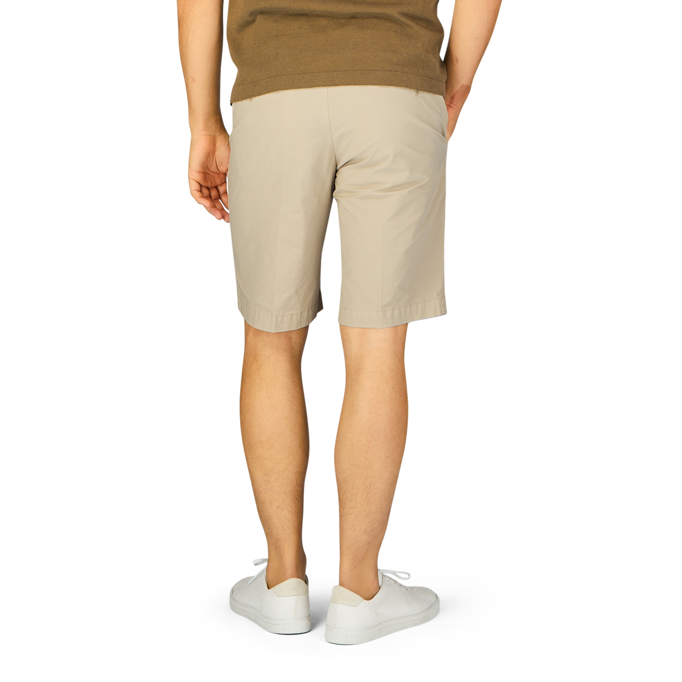 Person wearing Beige Cotton Drawstring Malibu Shorts by Briglia and white sneakers standing against a light background.