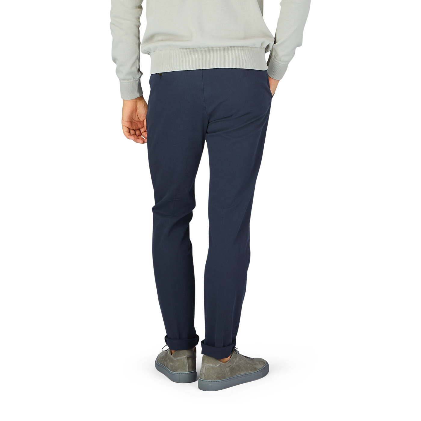 The back view of a man wearing Briglia Navy Blue Cotton Stretch BG62 Casual Chinos designed by an Italian trouser specialist.