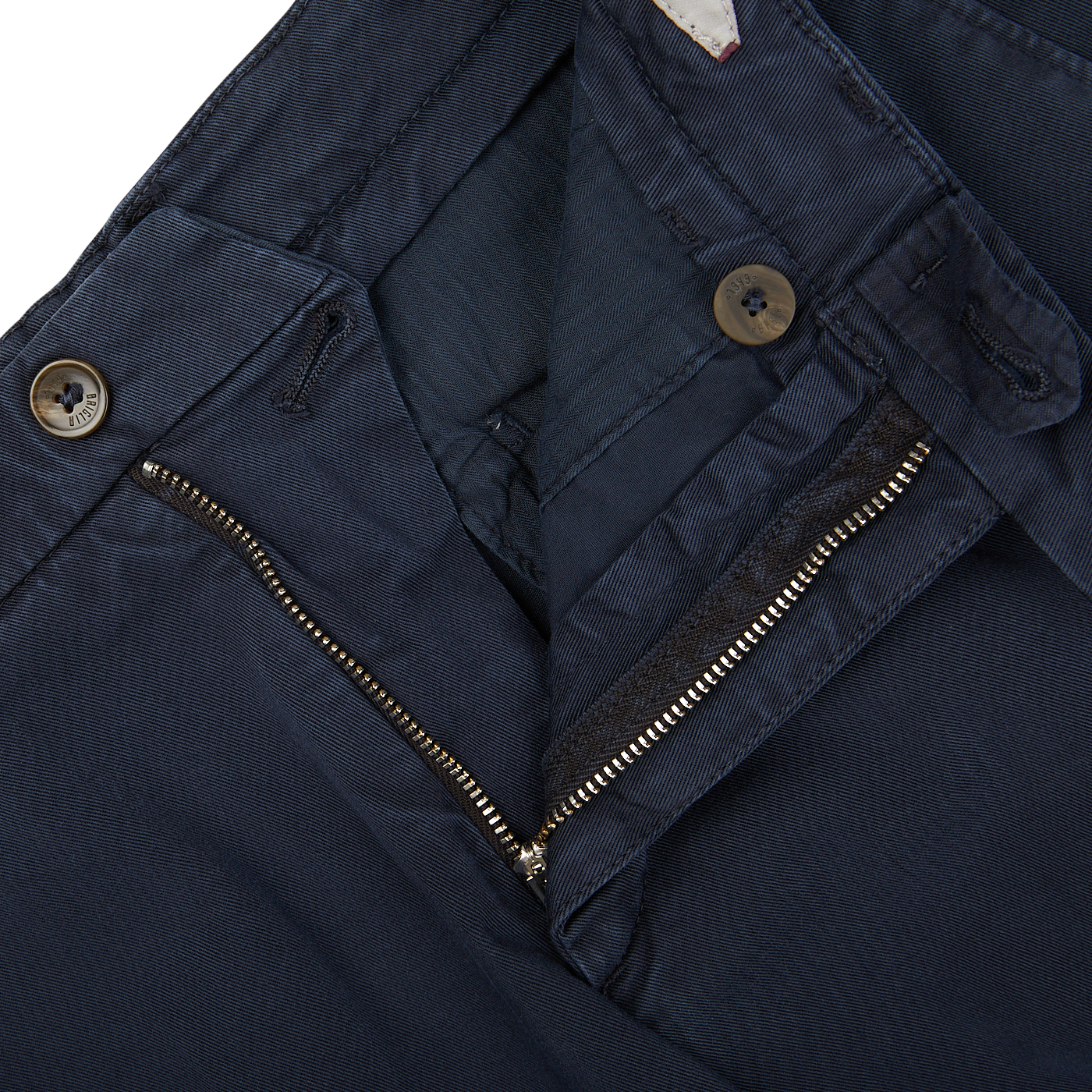 A close up of a pair of Briglia Navy Blue Cotton Stretch BG62 Casual Chinos with zippers.