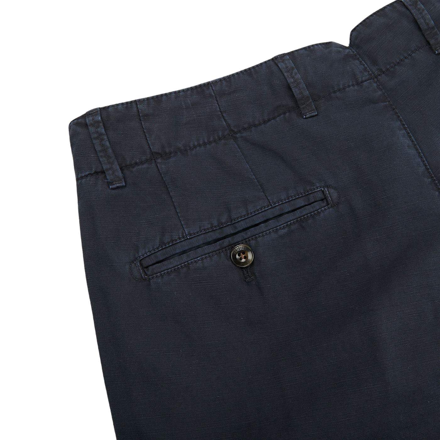 A close up of Briglia's Navy Blue Cotton Linen BG59 Pleated Chinos, made from an upcycled mix of cotton and linen.