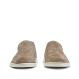 A pair of Brown Tabac Suede Leather Vice Loafers slip-on shoes with white soles, perfect for summer.