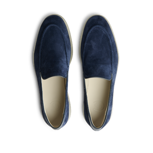 A pair of Navy Blue Suede Leather Debonair Slippers with light tan interiors, by CQP, viewed from above.