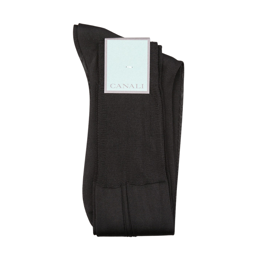 A pair of black Canali Black Knee Length Silk Dress Socks on a white background.