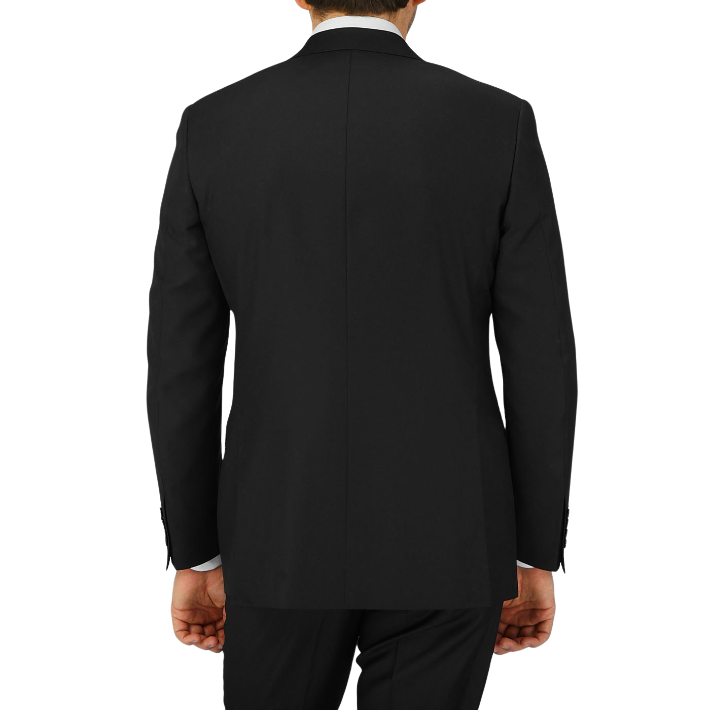 The back view of a man in a timeless Black Virgin Wool Twill Suit by Canali, with a structured shoulder.