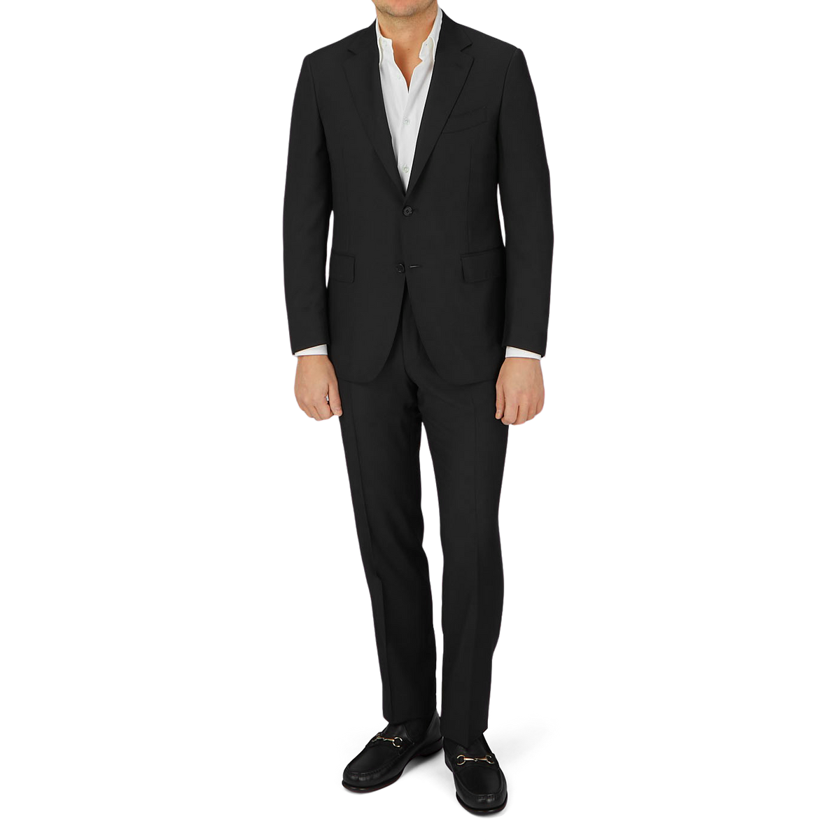 A man is posing in a Canali Black Virgin Wool Twill Suit.