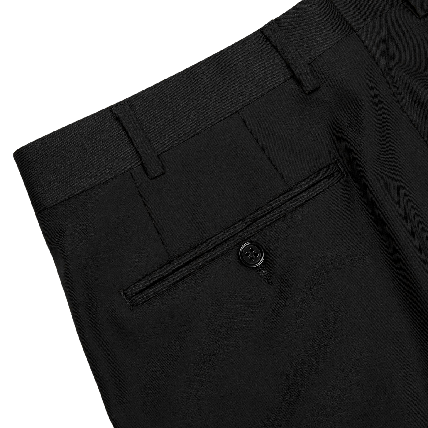 A classic close-up of Canali's Black Virgin Wool Twill Suit tuxedo pants for men.