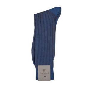 A pair of Blue Brown Ribbed Cotton Vanisee socks on a white background made with Egyptian cotton by Canali.
