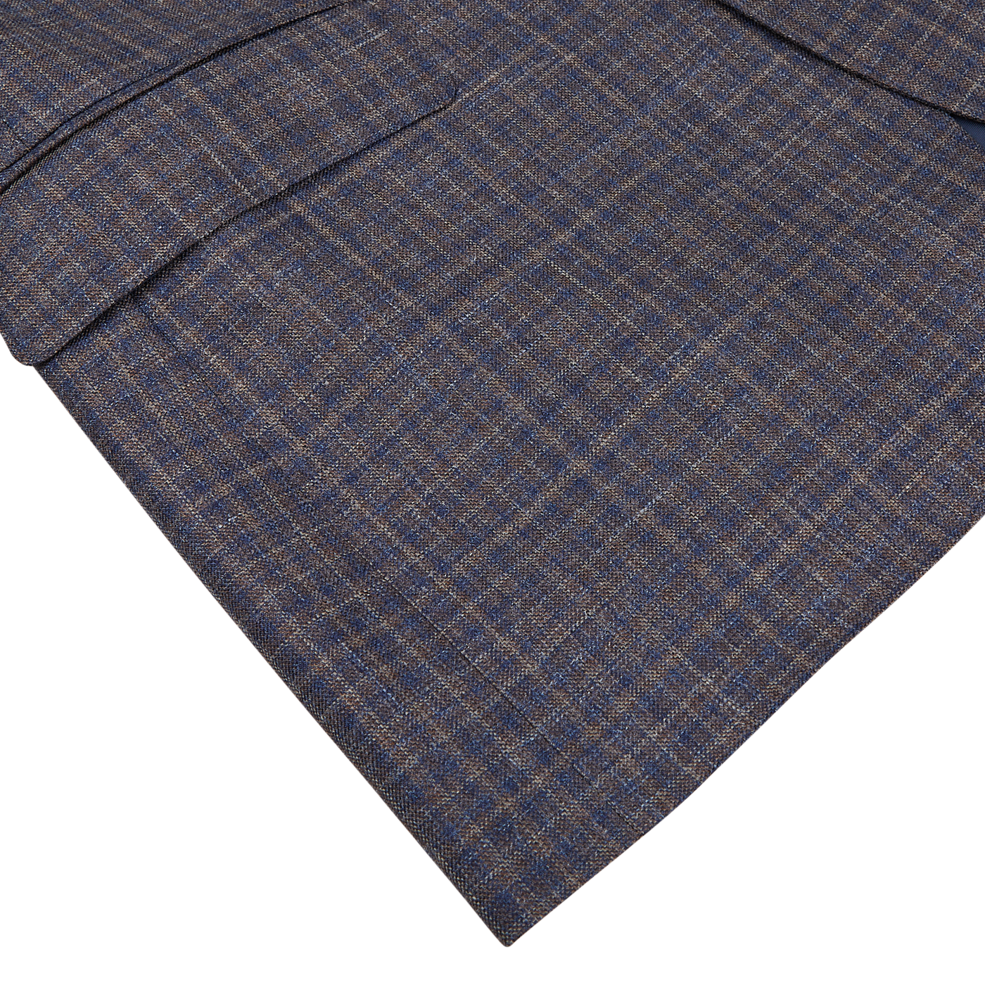 Close-up of a blue and brown Canali Gingham checked fabric of a tailored suit jacket laid flat against a white background.