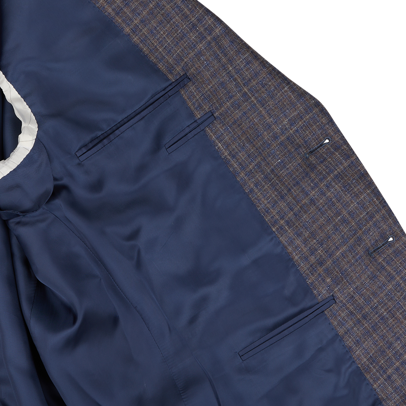 Blue Gingham Checked Wool Silk Linen Blazer by Canali with zipped pockets, displayed flat.