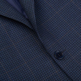 A close up of a Canali Dark Blue Mini Gingham Wool Drop 6 Blazer with brown buttons, made from pure wool.