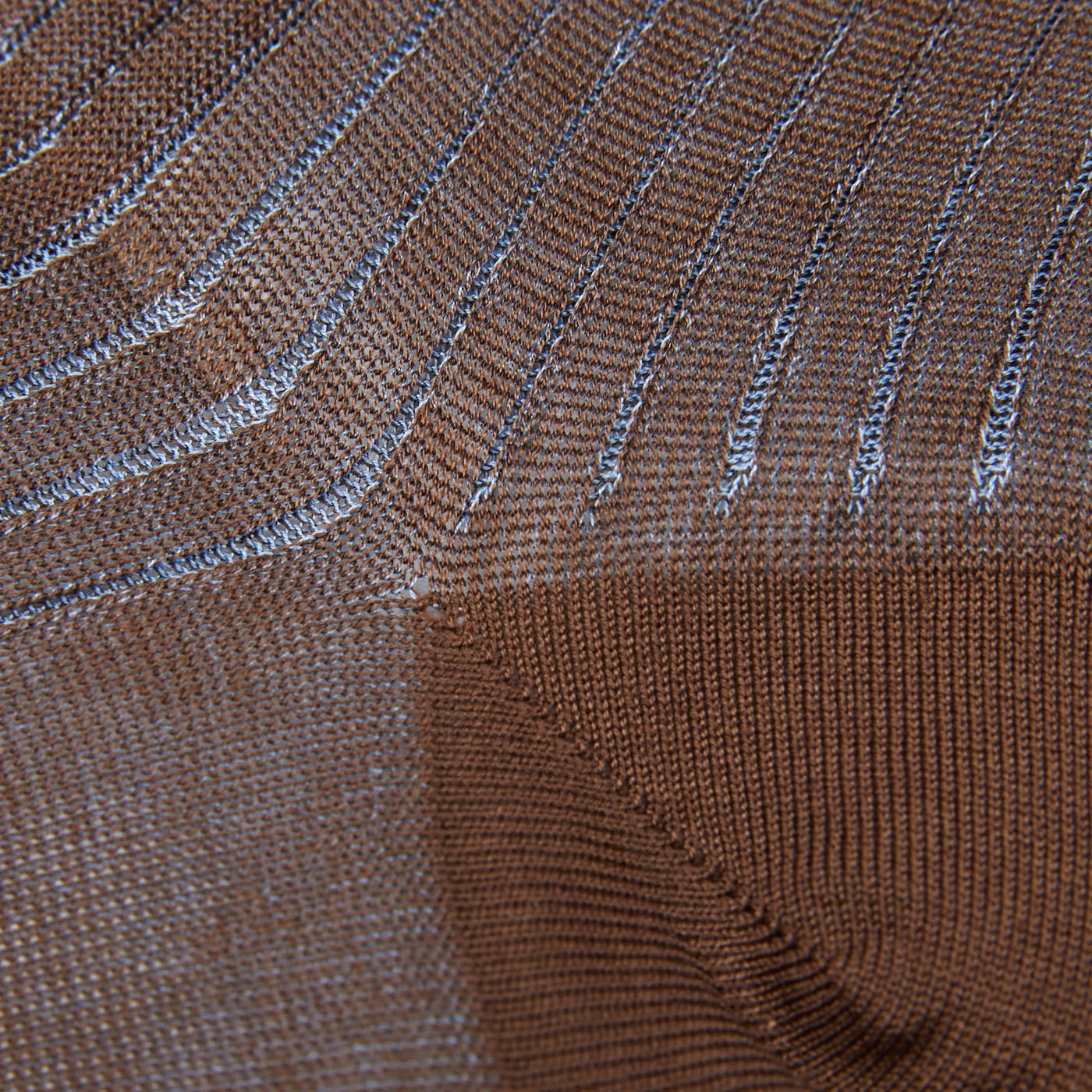 A close up of a Brown Blue Ribbed Cotton Vanisee sock made from Egyptian cotton, Canali.