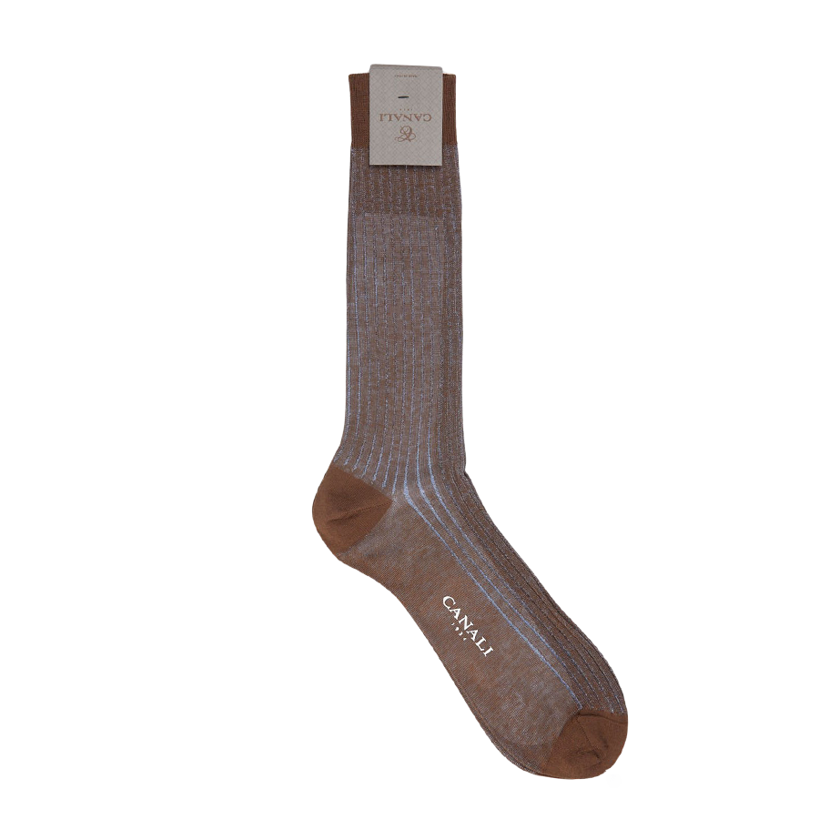 A pair of Canali Brown Blue Ribbed Cotton Vanisee socks, made with luxurious Egyptian cotton, displayed on a clean white background.
