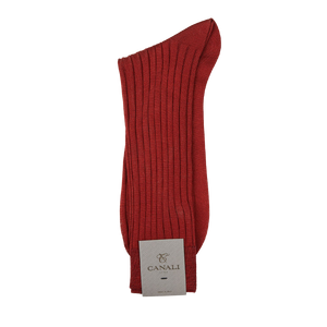 Description: A pair of Canali Dark Red Ribbed Cotton Socks on a white background.