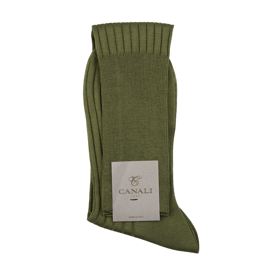 A pair of Canali Green Knee Long Ribbed Cotton Socks with a tag on them.