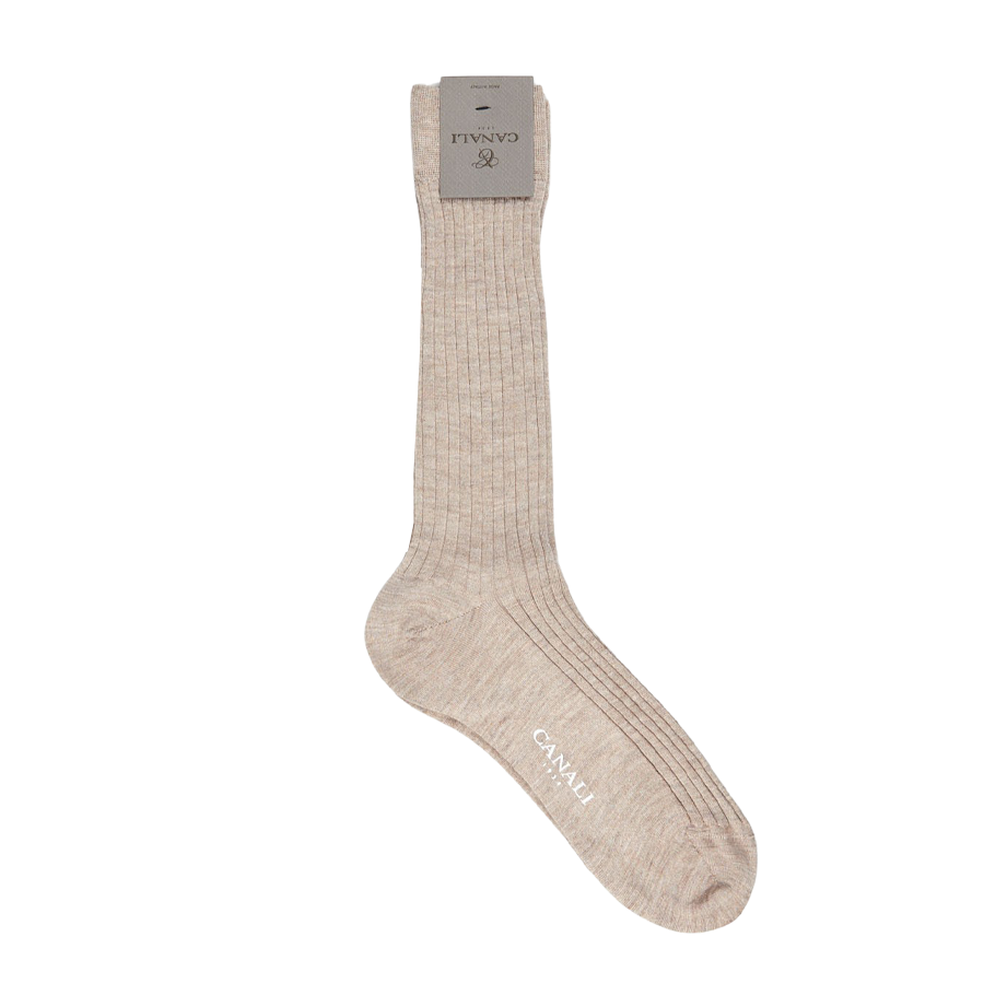A pair of Light Beige Cashmere Silk Ribbed Socks made by Canali on a white background.