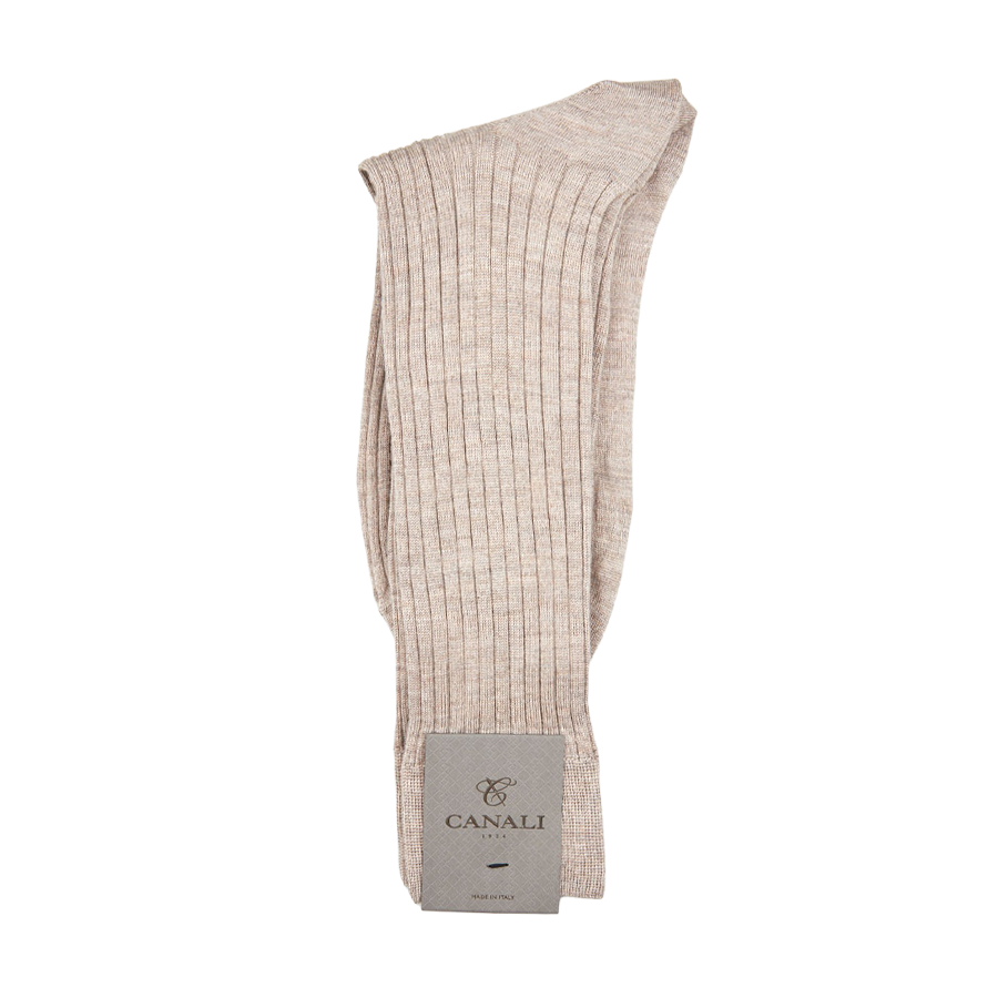 A pair of Light Beige Cashmere Silk Ribbed Socks by Canali on a white background.