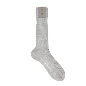 A pair of light grey Canali cashmere silk ribbed socks on a white background.